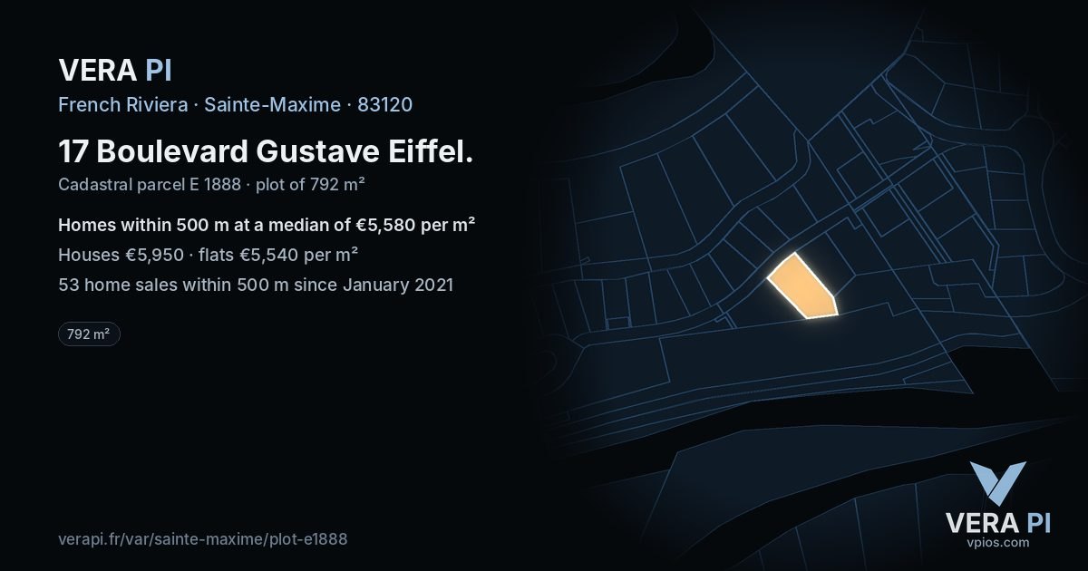 17 Boulevard Gustave Eiffel, Sainte-Maxime at night – the plot lit, the parcels around coloured by the prices near them