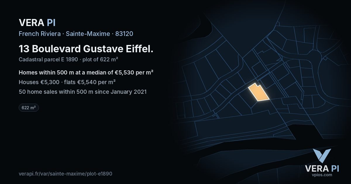 13 Boulevard Gustave Eiffel, Sainte-Maxime at night – the plot lit, the parcels around coloured by the prices near them