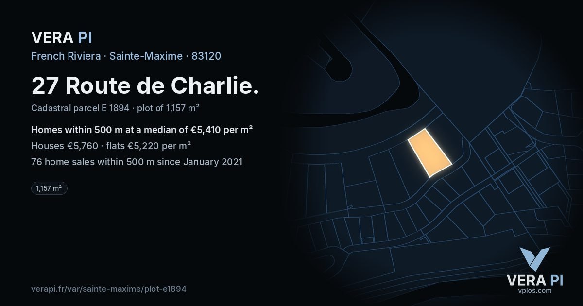 27 Route de Charlie, Sainte-Maxime at night – the plot lit, the parcels around coloured by the prices near them