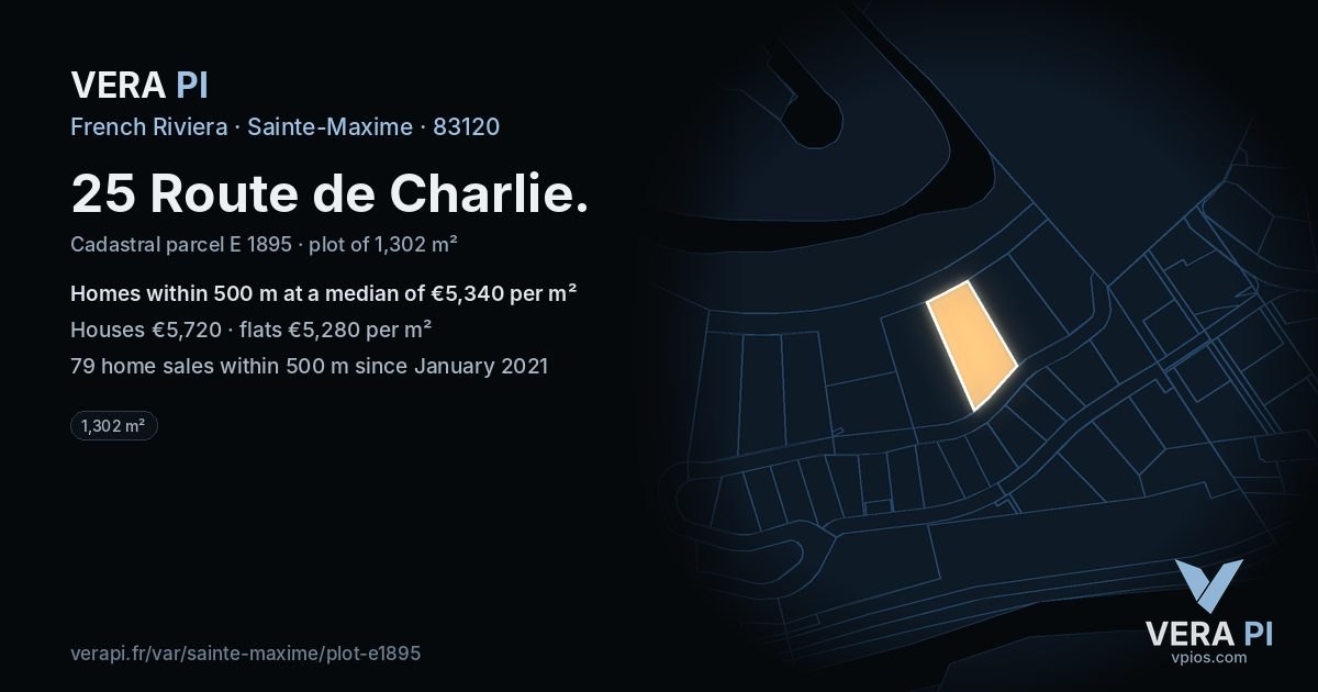25 Route de Charlie, Sainte-Maxime at night – the plot lit, the parcels around coloured by the prices near them