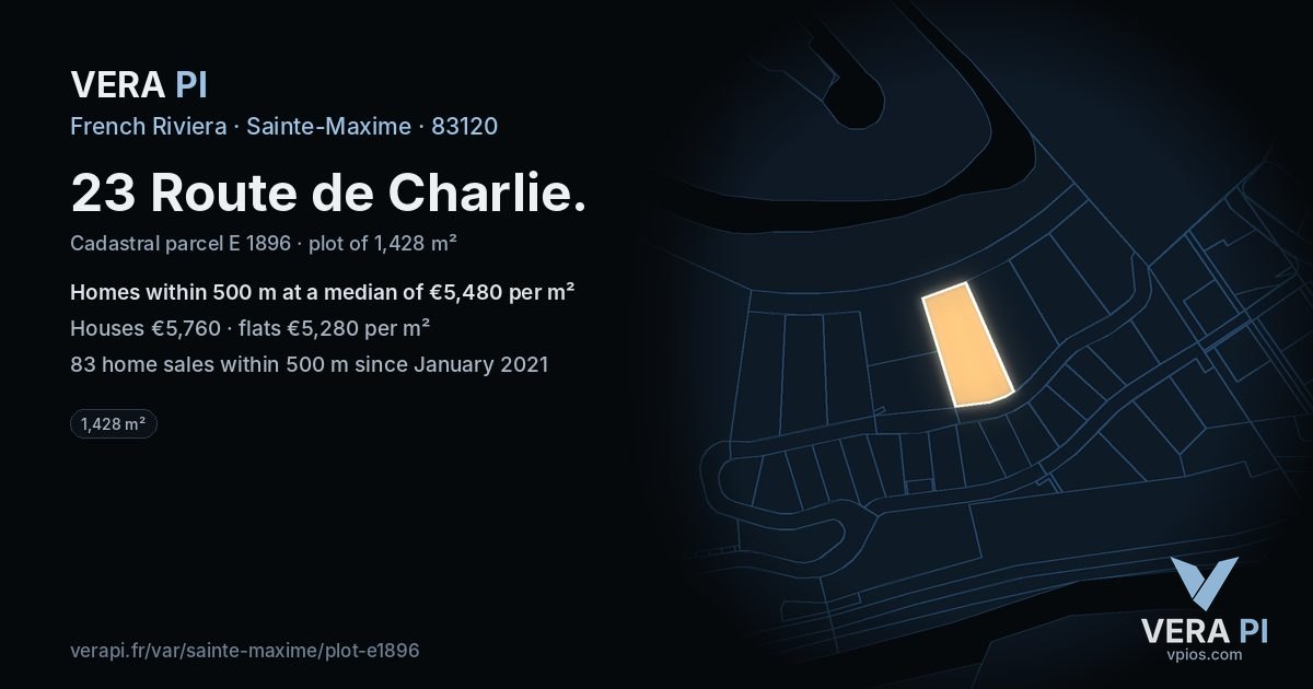 23 Route de Charlie, Sainte-Maxime at night – the plot lit, the parcels around coloured by the prices near them