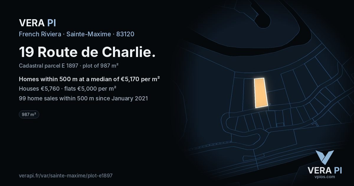 19 Route de Charlie, Sainte-Maxime at night – the plot lit, the parcels around coloured by the prices near them
