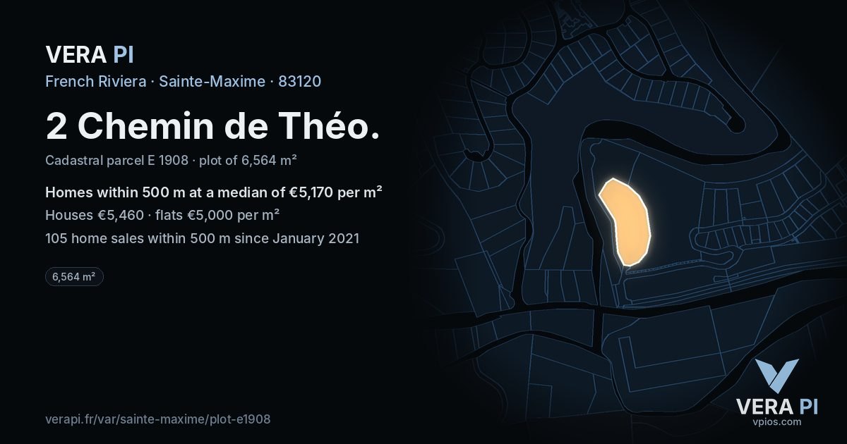 2 Chemin de Théo, Sainte-Maxime at night – the plot lit, the parcels around coloured by the prices near them
