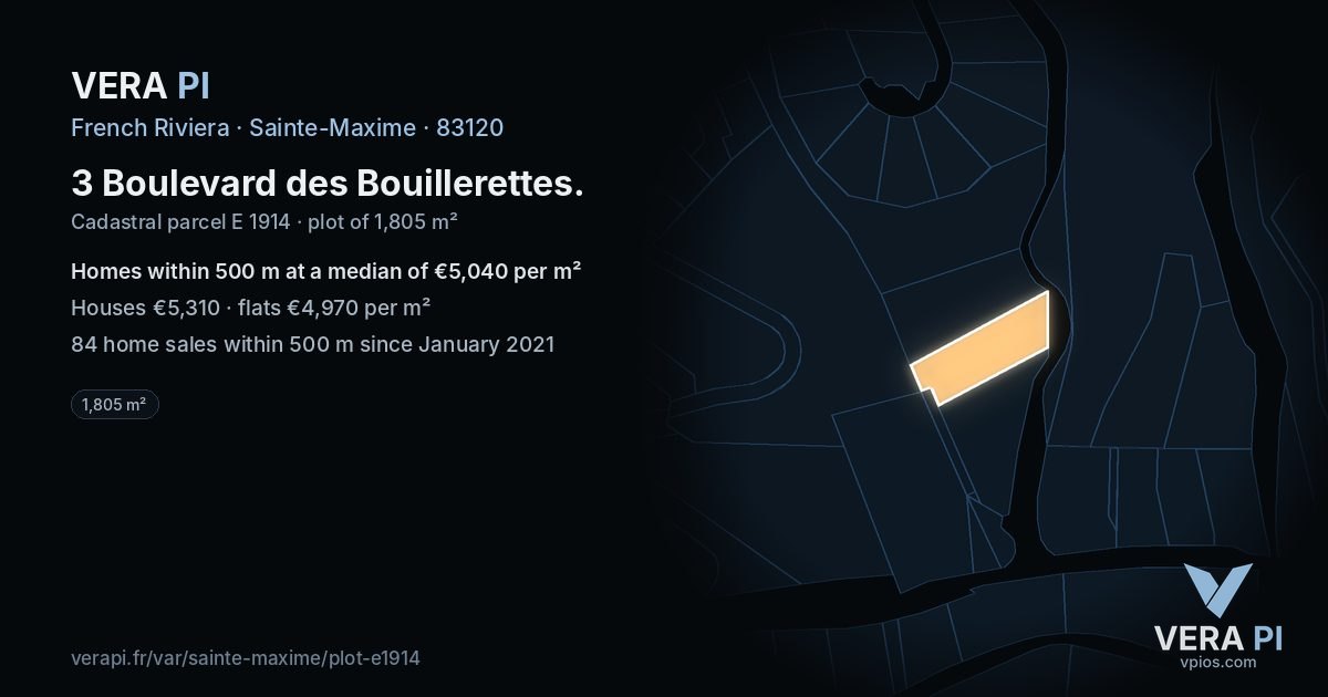 3 Boulevard des Bouillerettes, Sainte-Maxime at night – the plot lit, the parcels around coloured by the prices near them