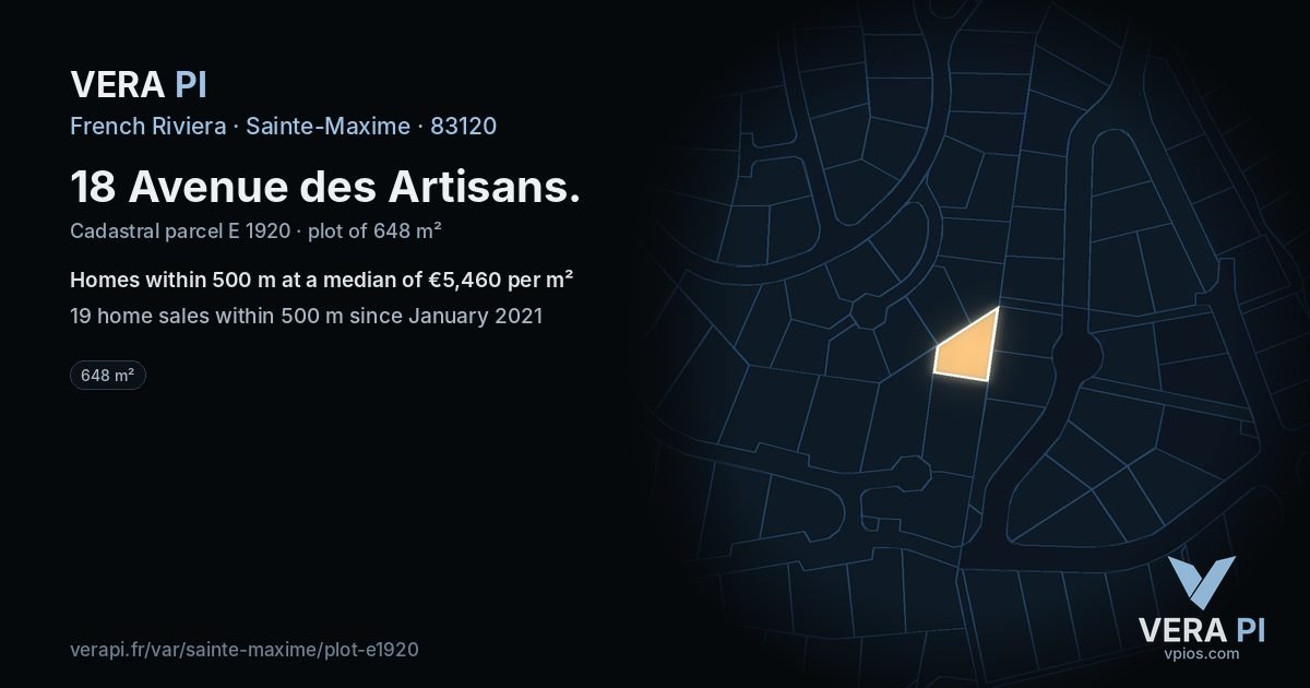 18 Avenue des Artisans, Sainte-Maxime at night – the plot lit, the parcels around coloured by the prices near them