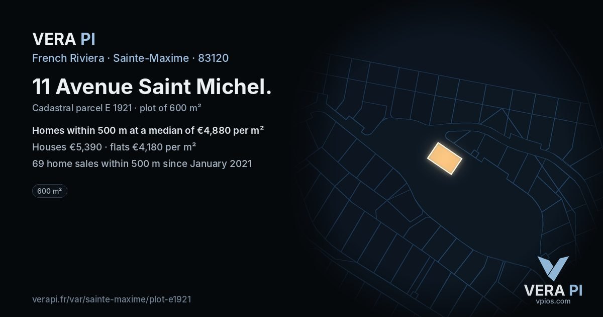 11 Avenue Saint Michel, Sainte-Maxime at night – the plot lit, the parcels around coloured by the prices near them