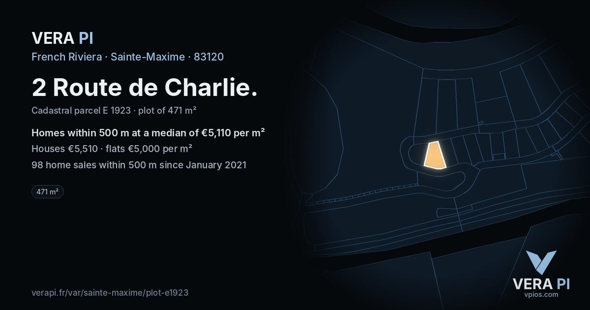 2 Route de Charlie, Sainte-Maxime at night – the plot lit, the parcels around coloured by the prices near them