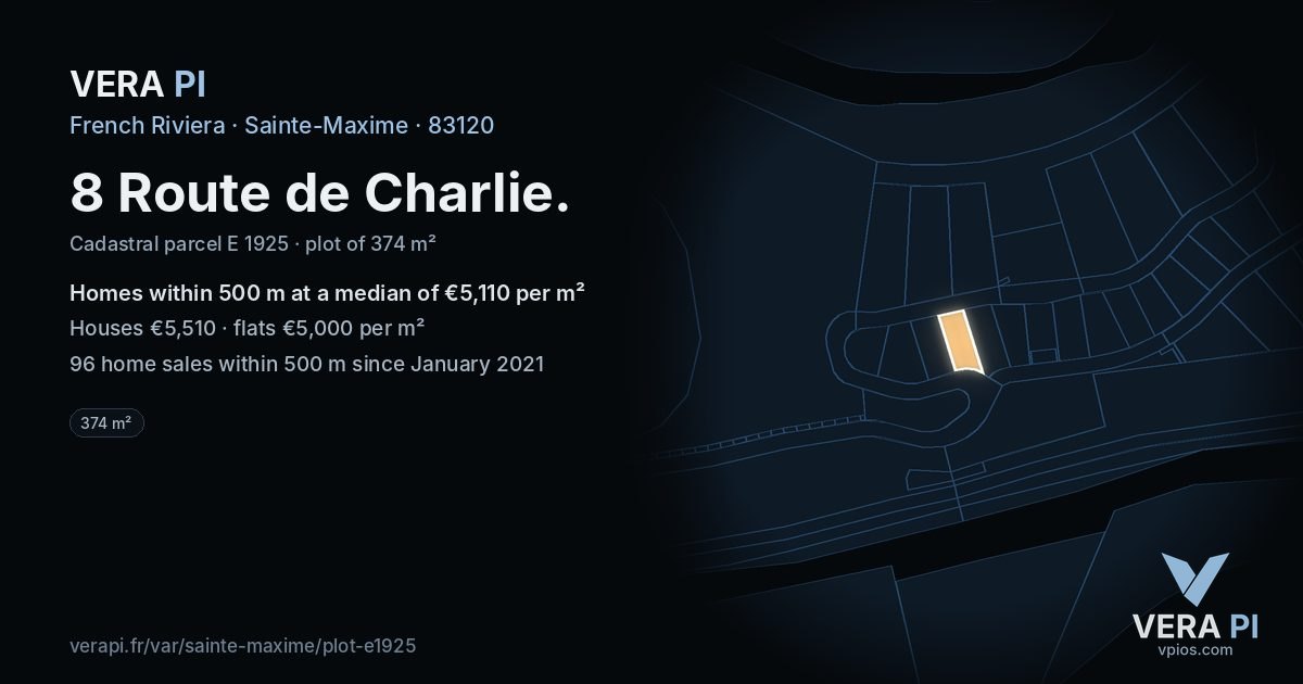8 Route de Charlie, Sainte-Maxime at night – the plot lit, the parcels around coloured by the prices near them