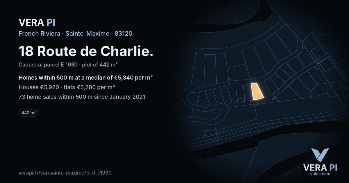 18 Route de Charlie, Sainte-Maxime at night – the plot lit, the parcels around coloured by the prices near them