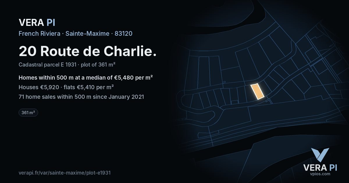 20 Route de Charlie, Sainte-Maxime at night – the plot lit, the parcels around coloured by the prices near them