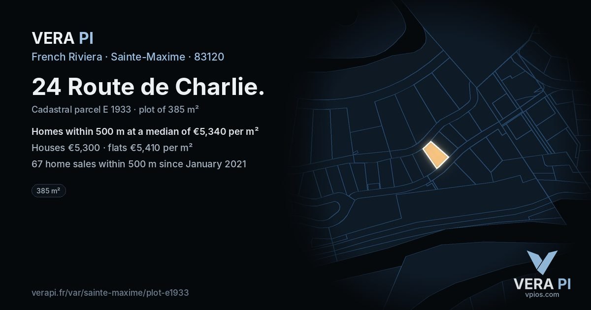 24 Route de Charlie, Sainte-Maxime at night – the plot lit, the parcels around coloured by the prices near them