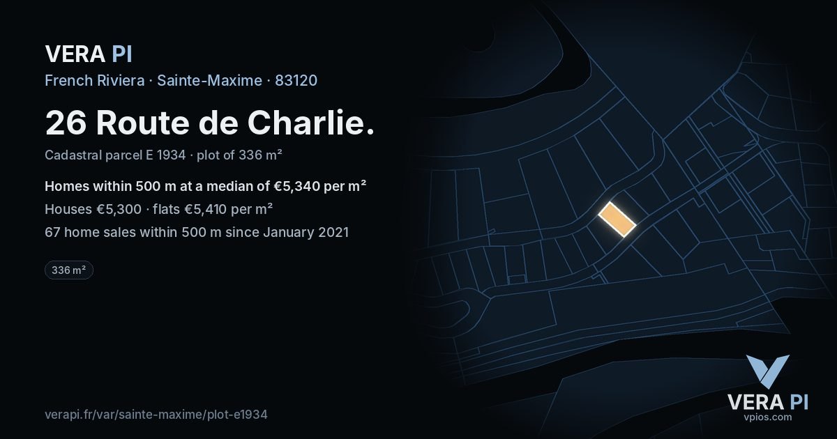 26 Route de Charlie, Sainte-Maxime at night – the plot lit, the parcels around coloured by the prices near them