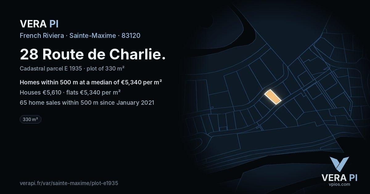 28 Route de Charlie, Sainte-Maxime at night – the plot lit, the parcels around coloured by the prices near them