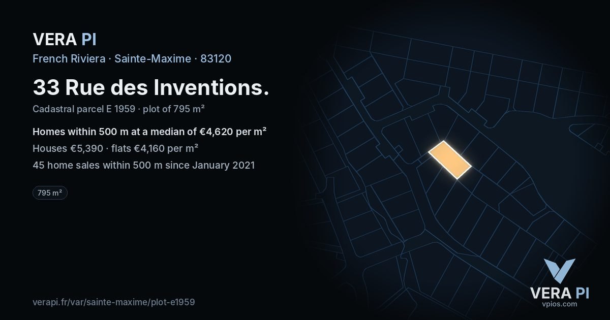 33 Rue des Inventions, Sainte-Maxime at night – the plot lit, the parcels around coloured by the prices near them