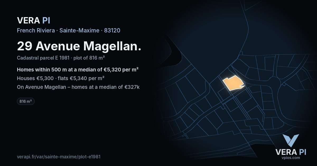 29 Avenue Magellan, Sainte-Maxime at night – the plot lit, the parcels around coloured by the prices near them