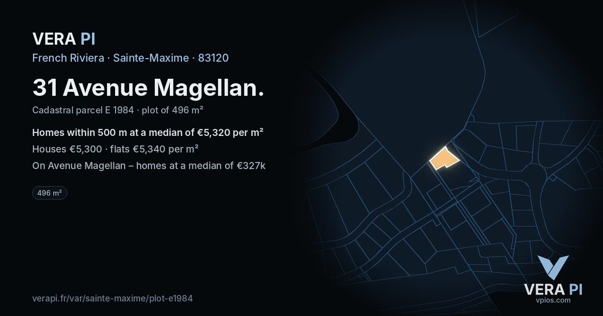31 Avenue Magellan, Sainte-Maxime at night – the plot lit, the parcels around coloured by the prices near them