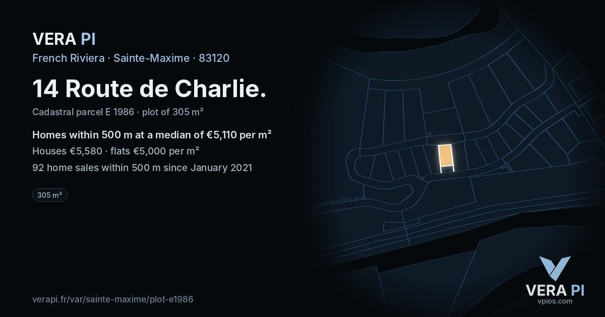 14 Route de Charlie, Sainte-Maxime at night – the plot lit, the parcels around coloured by the prices near them