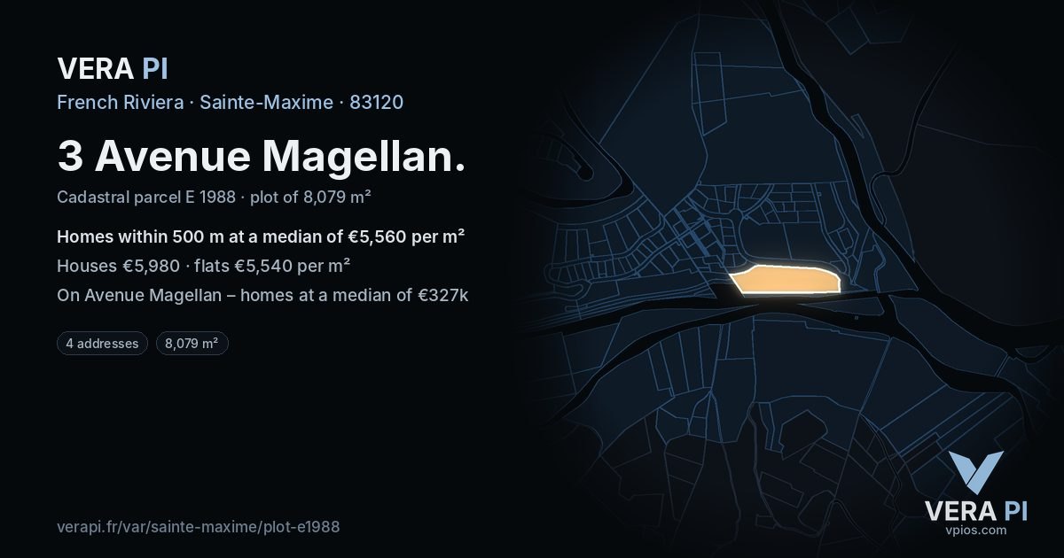 3 Avenue Magellan, Sainte-Maxime at night – the plot lit, the parcels around coloured by the prices near them