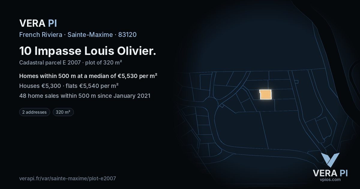 10 Impasse Louis Olivier, Sainte-Maxime at night – the plot lit, the parcels around coloured by the prices near them