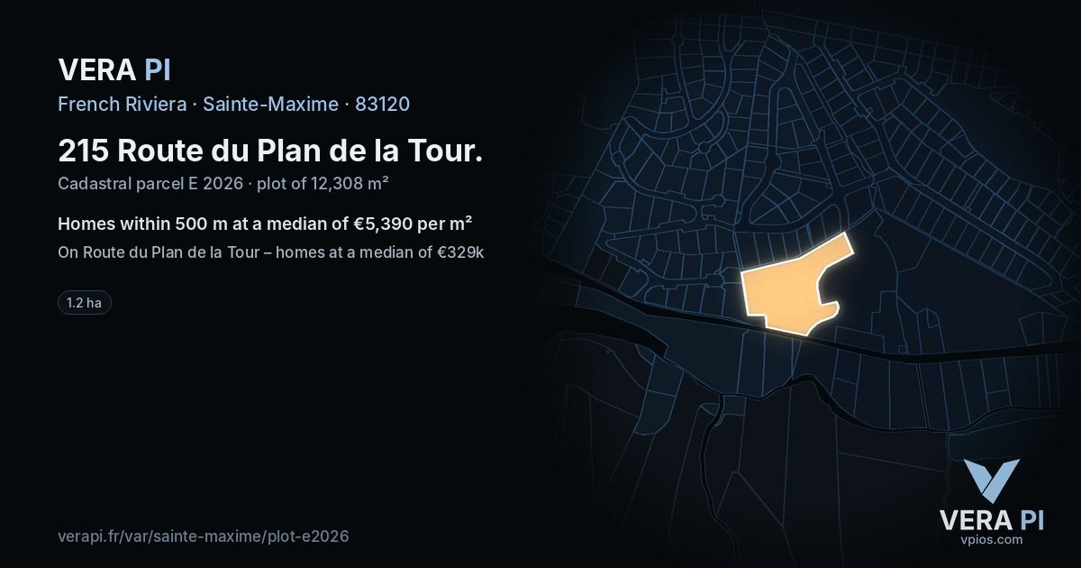 215 Route du Plan de la Tour, Sainte-Maxime at night – the plot lit, the parcels around coloured by the prices near them