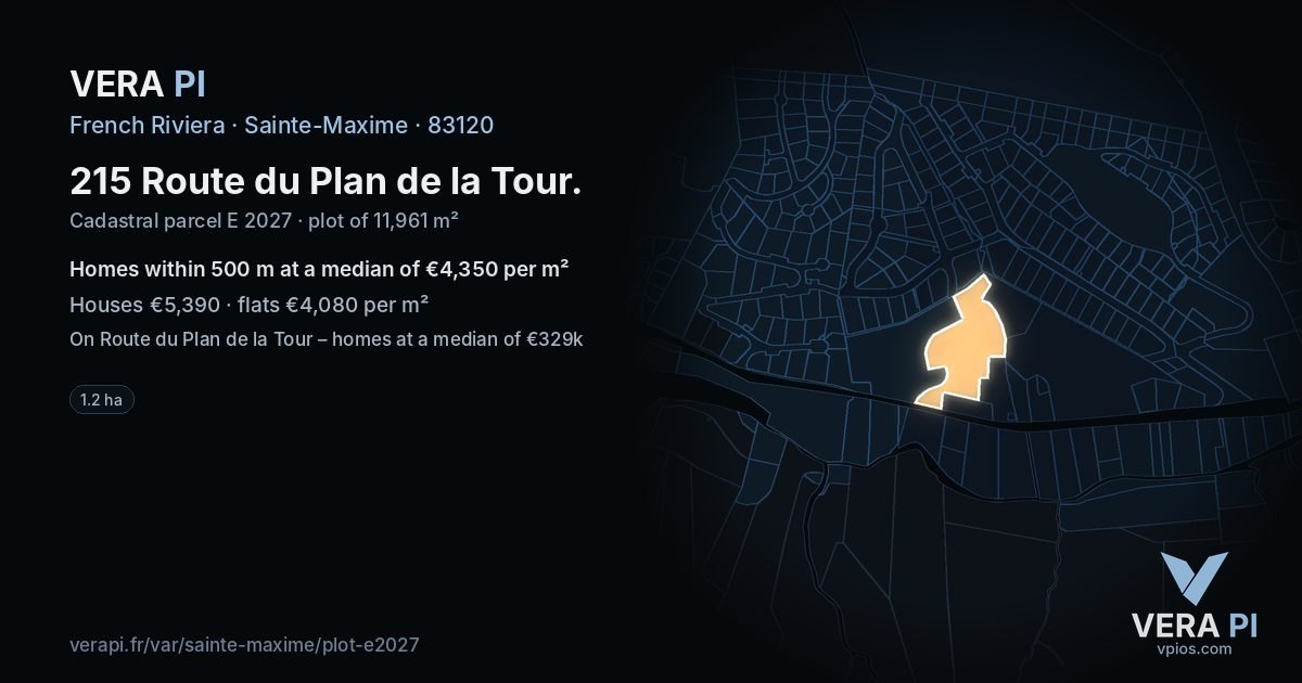 215 Route du Plan de la Tour, Sainte-Maxime at night – the plot lit, the parcels around coloured by the prices near them