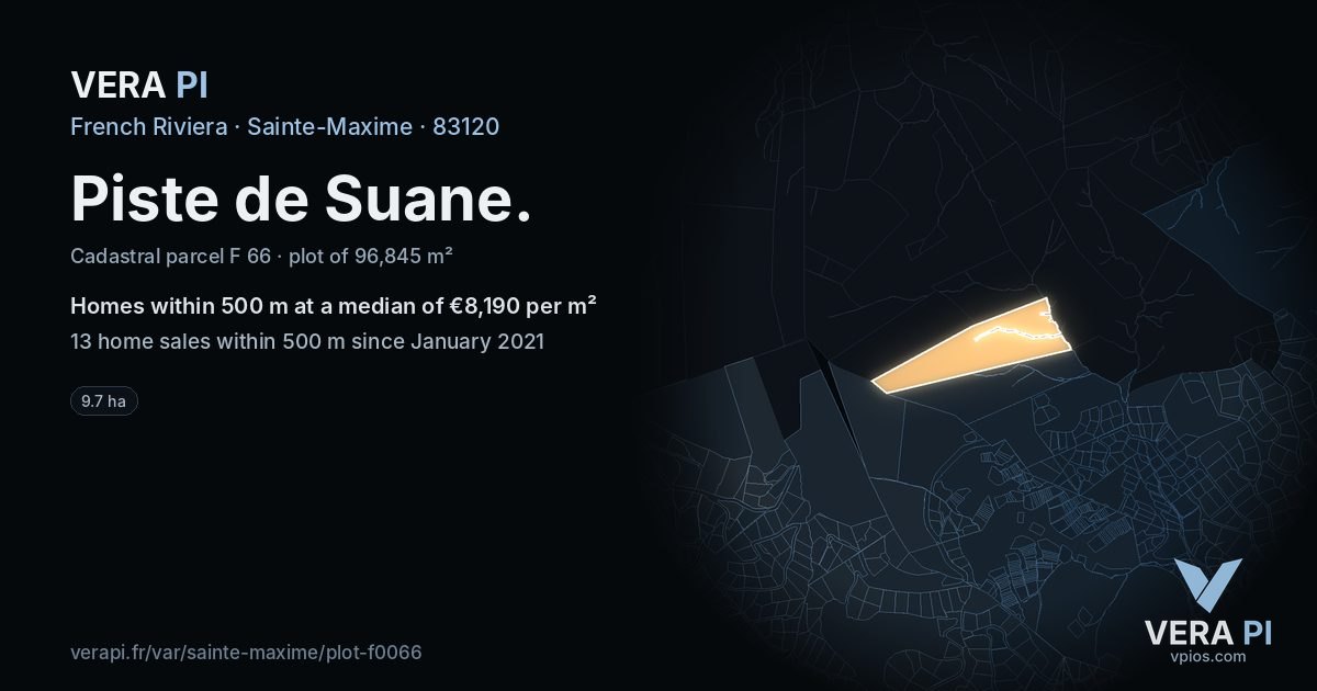 Piste de Suane, Sainte-Maxime at night – the plot lit, the parcels around coloured by the prices near them