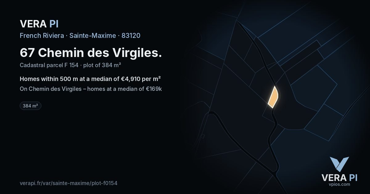 67 Chemin des Virgiles, Sainte-Maxime at night – the plot lit, the parcels around coloured by the prices near them
