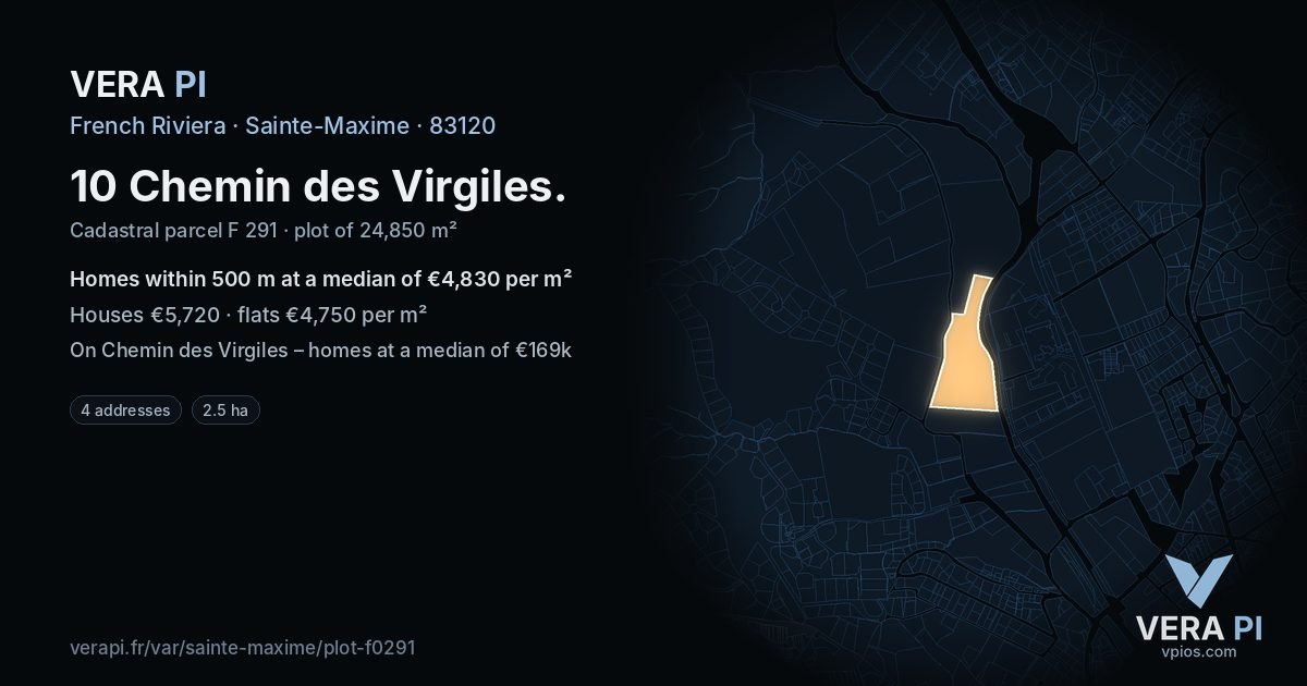 10 Chemin des Virgiles, Sainte-Maxime at night – the plot lit, the parcels around coloured by the prices near them