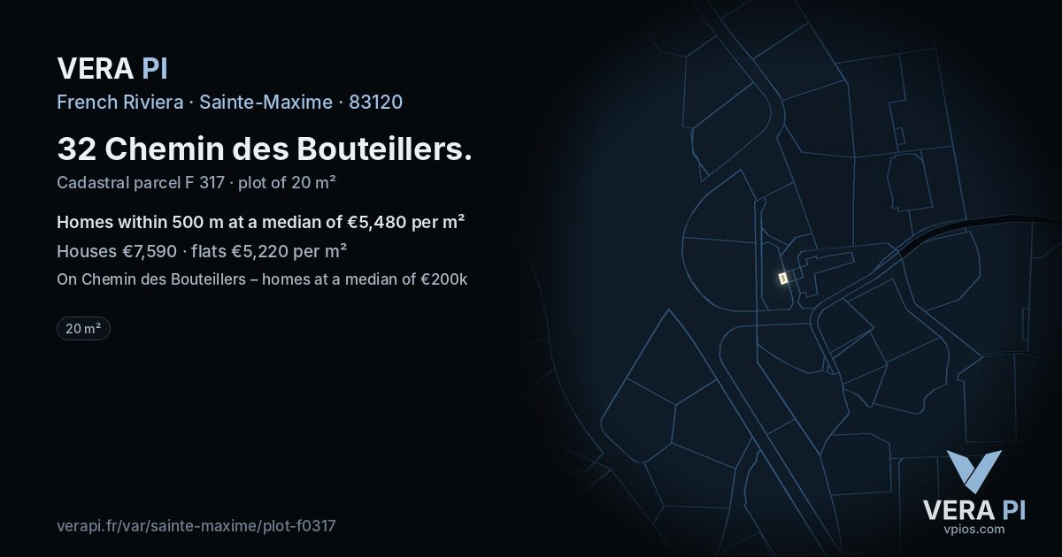 32 Chemin des Bouteillers, Sainte-Maxime at night – the plot lit, the parcels around coloured by the prices near them