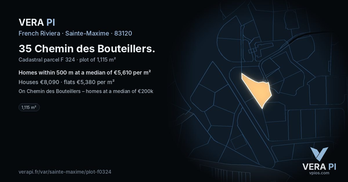 35 Chemin des Bouteillers, Sainte-Maxime at night – the plot lit, the parcels around coloured by the prices near them