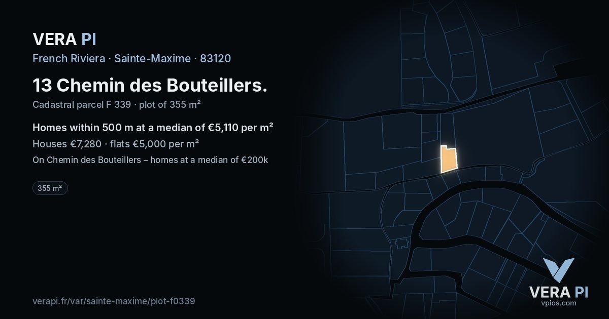13 Chemin des Bouteillers, Sainte-Maxime at night – the plot lit, the parcels around coloured by the prices near them