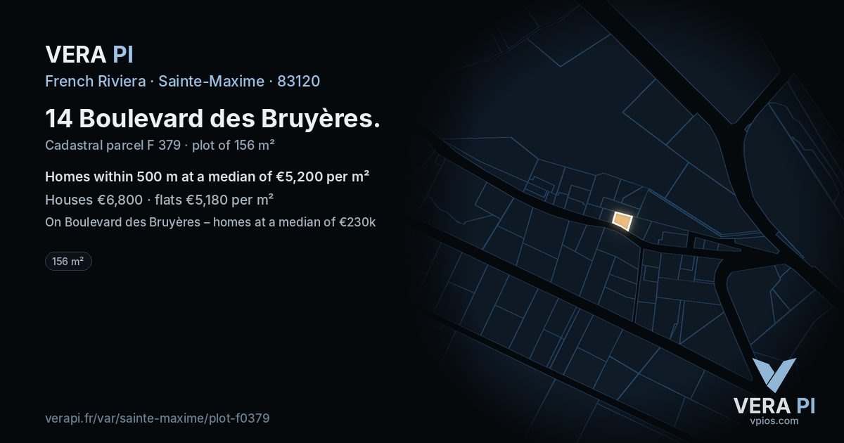 14 Boulevard des Bruyères, Sainte-Maxime at night – the plot lit, the parcels around coloured by the prices near them