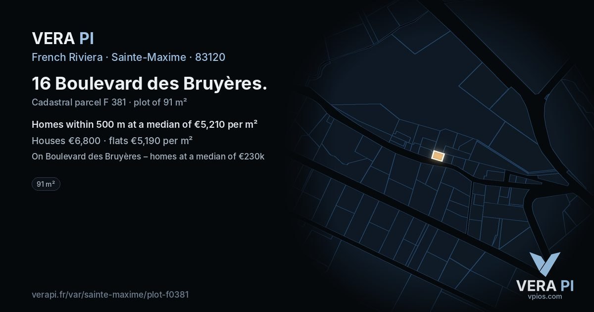 16 Boulevard des Bruyères, Sainte-Maxime at night – the plot lit, the parcels around coloured by the prices near them
