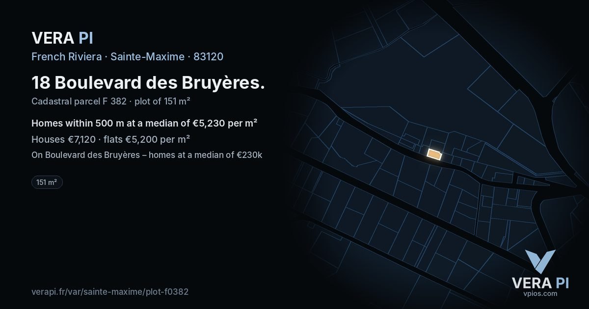 18 Boulevard des Bruyères, Sainte-Maxime at night – the plot lit, the parcels around coloured by the prices near them