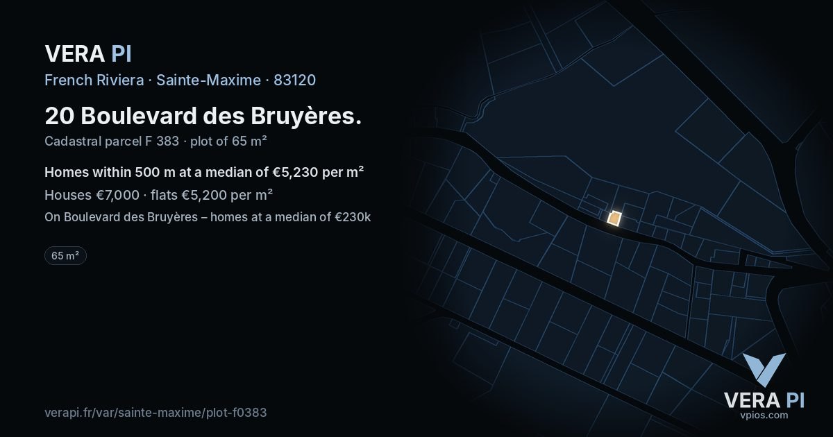 20 Boulevard des Bruyères, Sainte-Maxime at night – the plot lit, the parcels around coloured by the prices near them