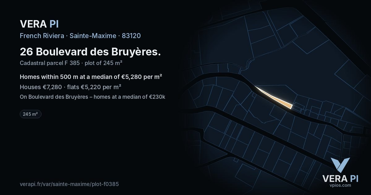 26 Boulevard des Bruyères, Sainte-Maxime at night – the plot lit, the parcels around coloured by the prices near them
