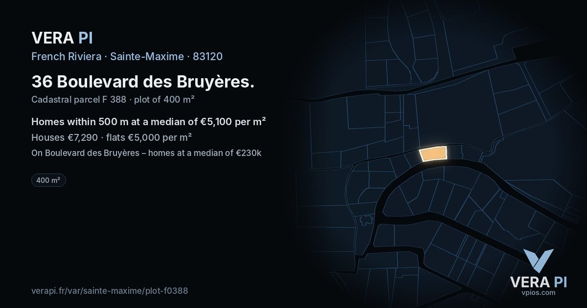 36 Boulevard des Bruyères, Sainte-Maxime at night – the plot lit, the parcels around coloured by the prices near them