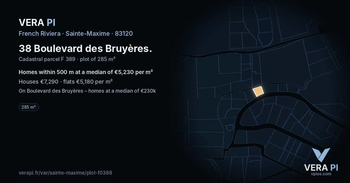 38 Boulevard des Bruyères, Sainte-Maxime at night – the plot lit, the parcels around coloured by the prices near them