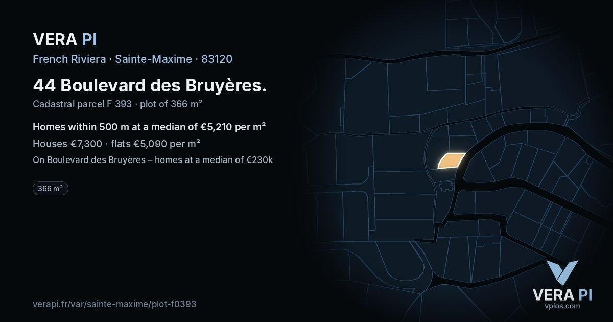 44 Boulevard des Bruyères, Sainte-Maxime at night – the plot lit, the parcels around coloured by the prices near them