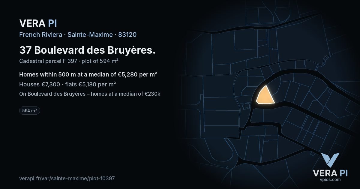 37 Boulevard des Bruyères, Sainte-Maxime at night – the plot lit, the parcels around coloured by the prices near them