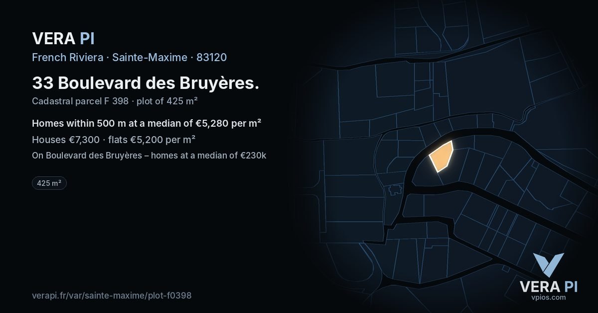 33 Boulevard des Bruyères, Sainte-Maxime at night – the plot lit, the parcels around coloured by the prices near them