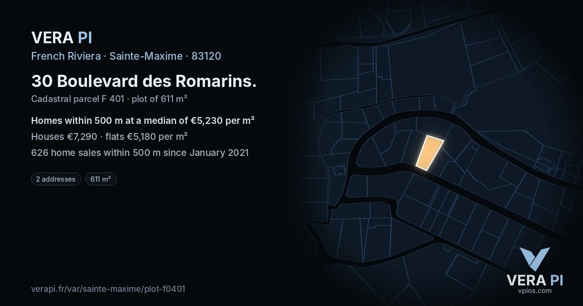 30 Boulevard des Romarins, Sainte-Maxime at night – the plot lit, the parcels around coloured by the prices near them