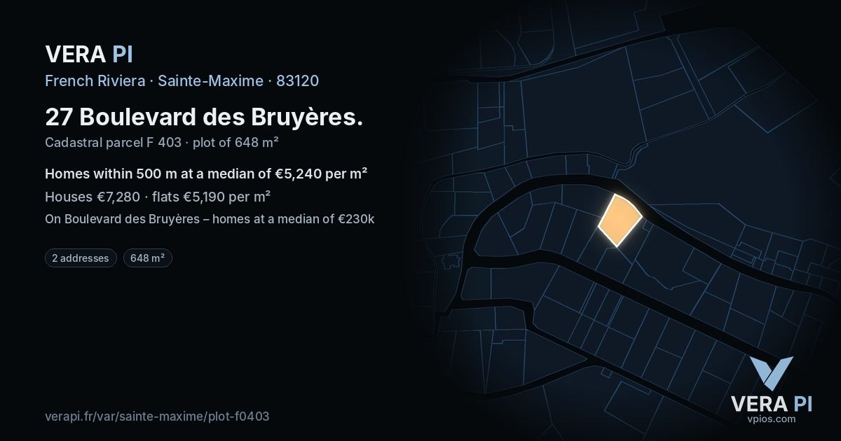 27 Boulevard des Bruyères, Sainte-Maxime at night – the plot lit, the parcels around coloured by the prices near them