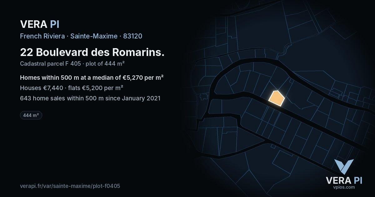 22 Boulevard des Romarins, Sainte-Maxime at night – the plot lit, the parcels around coloured by the prices near them