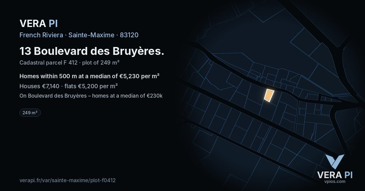 13 Boulevard des Bruyères, Sainte-Maxime at night – the plot lit, the parcels around coloured by the prices near them