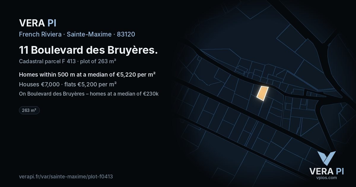 11 Boulevard des Bruyères, Sainte-Maxime at night – the plot lit, the parcels around coloured by the prices near them