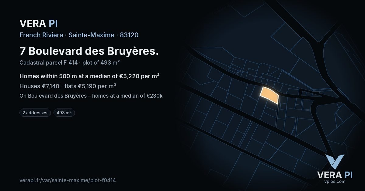 7 Boulevard des Bruyères, Sainte-Maxime at night – the plot lit, the parcels around coloured by the prices near them