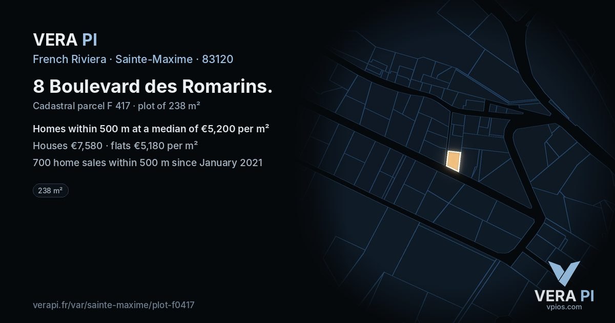 8 Boulevard des Romarins, Sainte-Maxime at night – the plot lit, the parcels around coloured by the prices near them