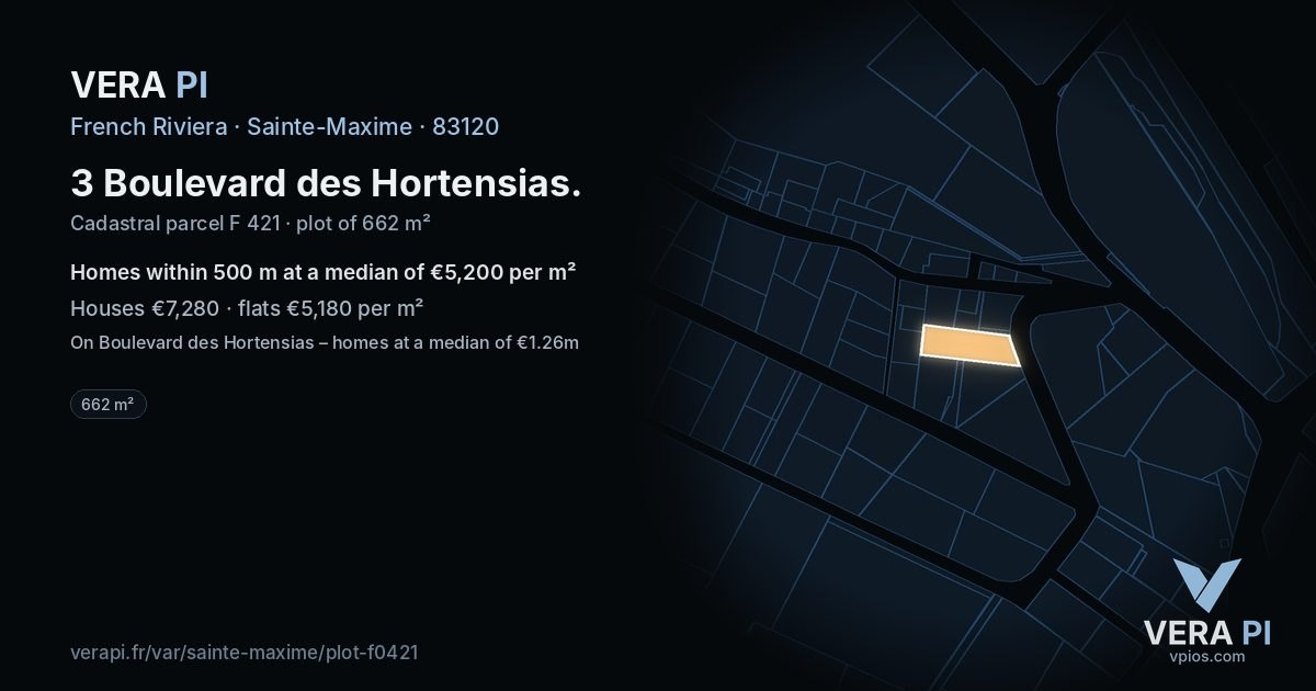 3 Boulevard des Hortensias, Sainte-Maxime at night – the plot lit, the parcels around coloured by the prices near them