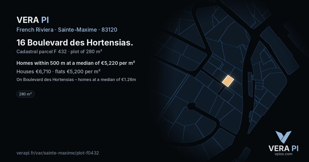 16 Boulevard des Hortensias, Sainte-Maxime at night – the plot lit, the parcels around coloured by the prices near them